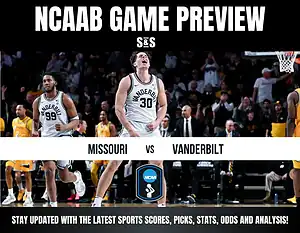 NCAAB game preview featuring players from Missouri and Vanderbilt, with a crowd in the background. Stay updated on scores and stats