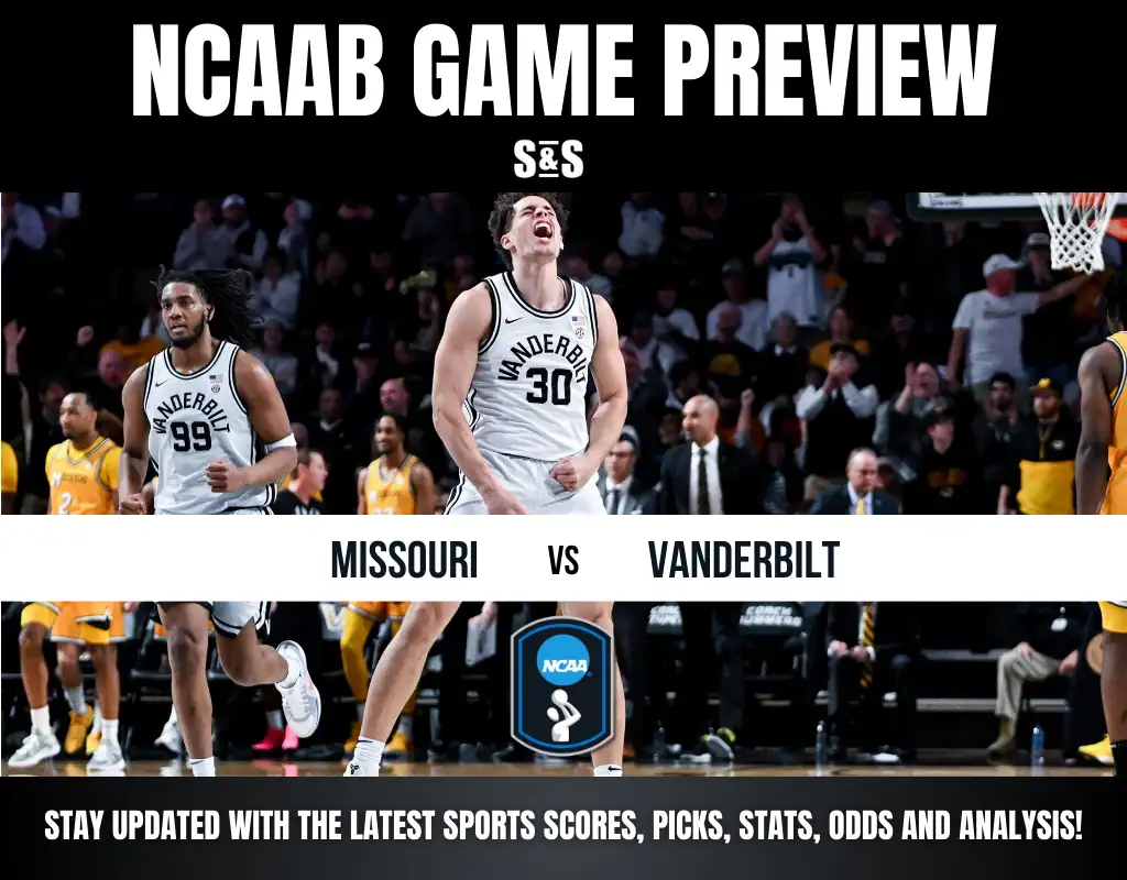 NCAAB game preview featuring players from Missouri and Vanderbilt, with a crowd in the background. Stay updated on scores and stats