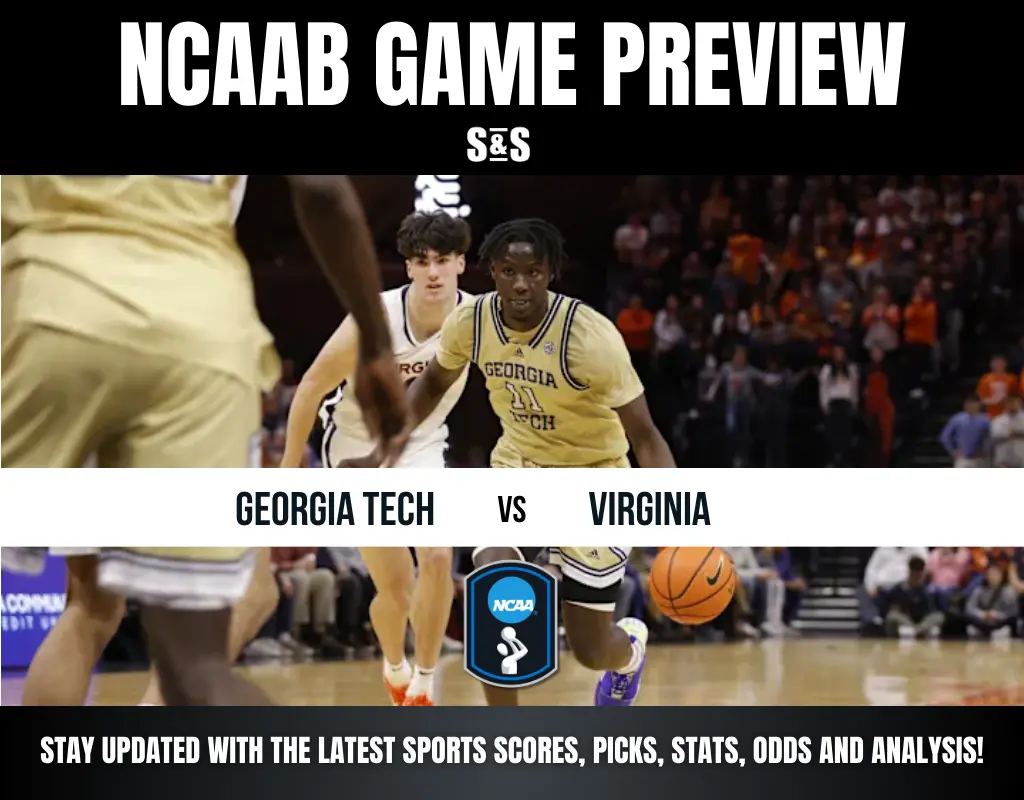 NCAA basketball game preview featuring Georgia Tech vs. Virginia, highlighting players in action with a basketball.