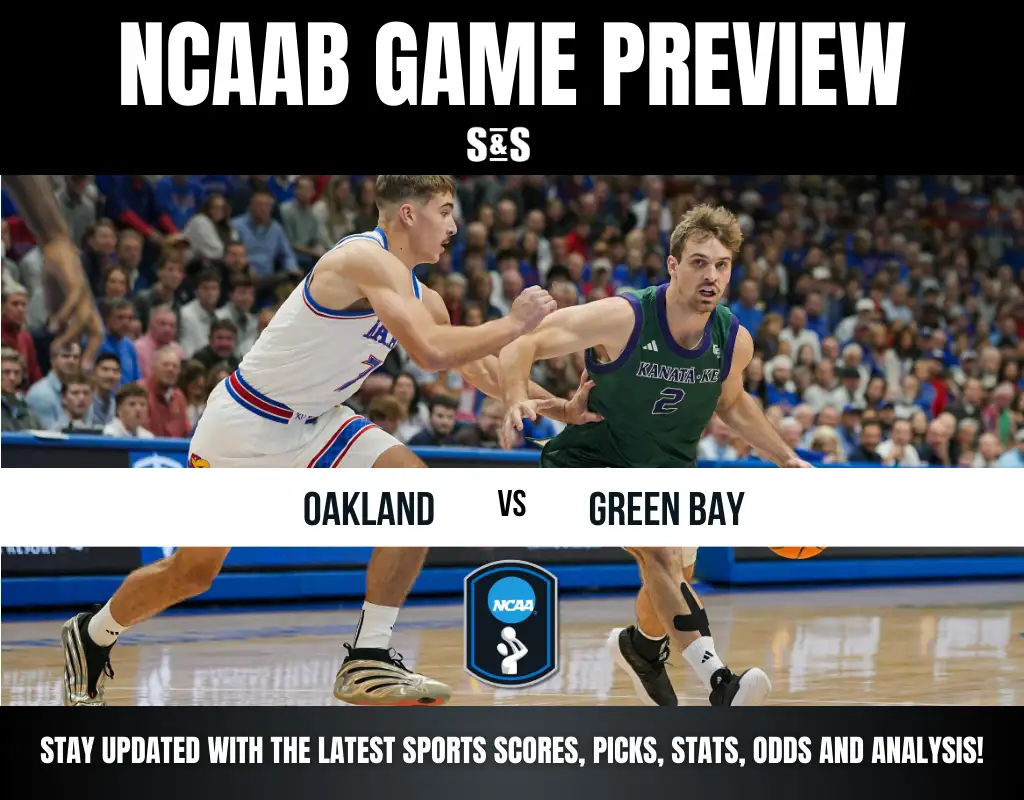 NCAAB game preview featuring Oakland vs. Green Bay, showcasing intense basketball action with players in motion on the court.