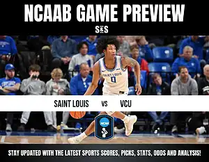 Basketball player in action on court, Saint Louis vs VCU game preview. Intense focus, fans watch in background. Text highlights sports updates.