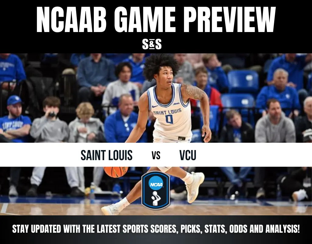 Basketball player in action on court, Saint Louis vs VCU game preview. Intense focus, fans watch in background. Text highlights sports updates.