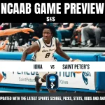 Basketball player in a white Saint Peter's jersey dribbles near a brown-clad opponent with "NCAAB Game Preview" and "Iona vs Saint Peter's" text overlay. Energetic scene.