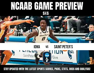Basketball player in a white Saint Peter's jersey dribbles near a brown-clad opponent with "NCAAB Game Preview" and "Iona vs Saint Peter's" text overlay. Energetic scene.