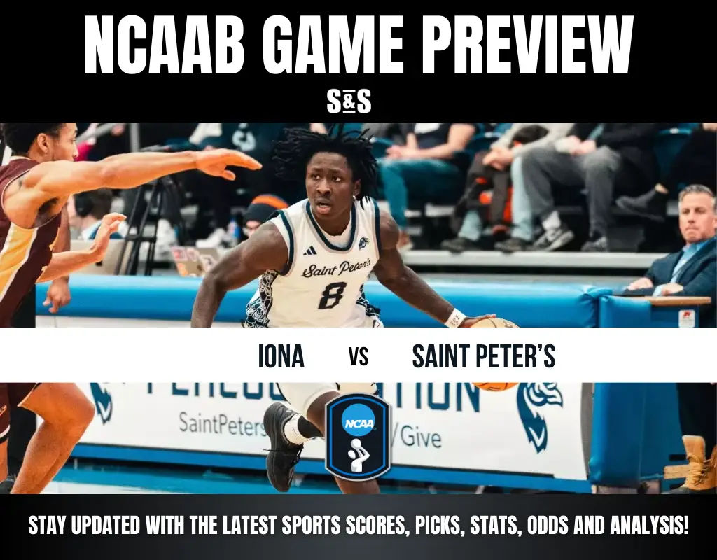 Basketball player in a white Saint Peter's jersey dribbles near a brown-clad opponent with "NCAAB Game Preview" and "Iona vs Saint Peter's" text overlay. Energetic scene.