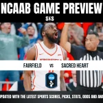 NCAAB game preview banner shows a Fairfield player celebrating next to a referee, promoting the Fairfield vs. Sacred Heart matchup. Energetic atmosphere.