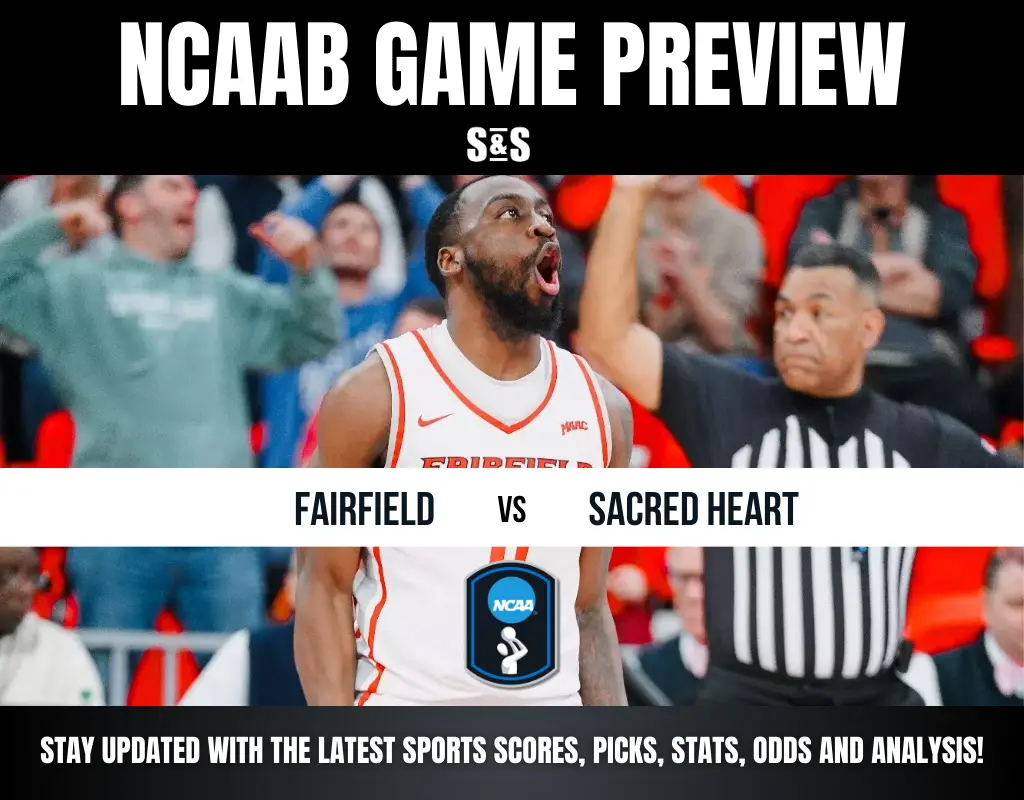 NCAAB game preview banner shows a Fairfield player celebrating next to a referee, promoting the Fairfield vs. Sacred Heart matchup. Energetic atmosphere.