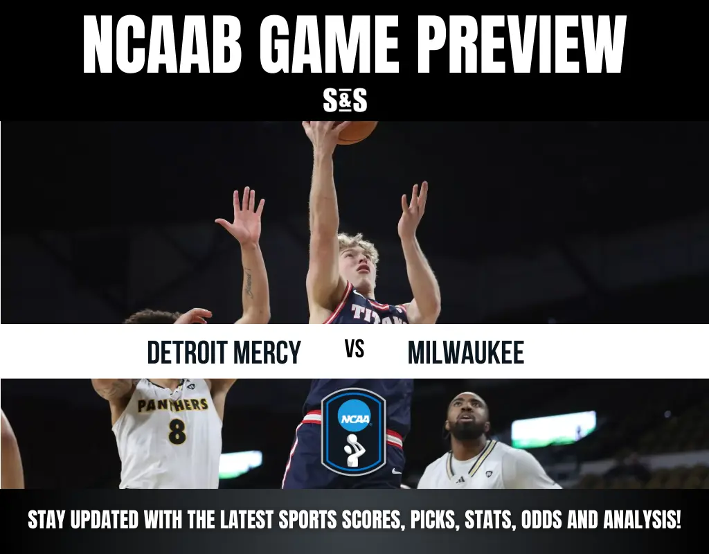 NCAA basketball game preview graphic for Detroit Mercy vs. Milwaukee, featuring players in action and promotional text.