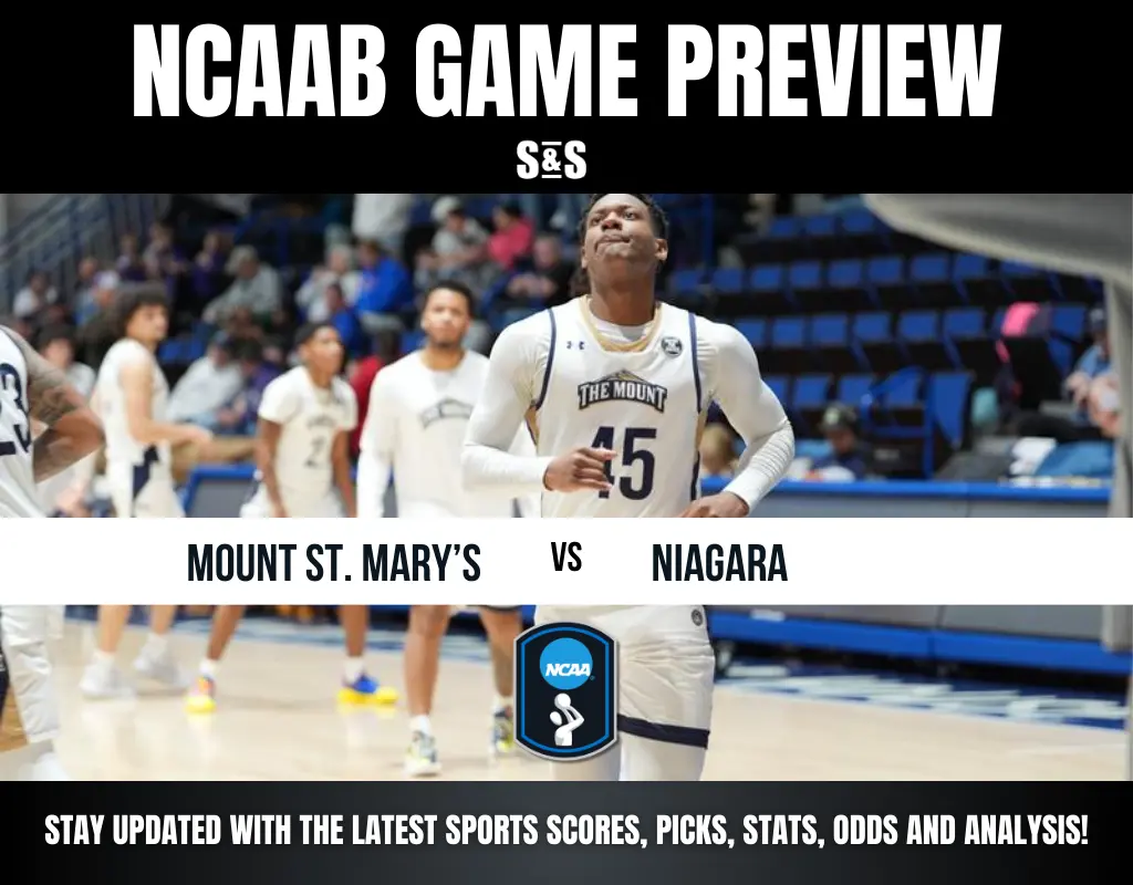 Mount St. Mary's basketball players warming up for a game against Niagara, with a crowd in the background. NCAAB Game Preview banner.