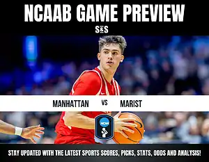 NCAA basketball game preview featuring a player dribbling a ball, with the matchup between Manhattan and Marist highlighted.