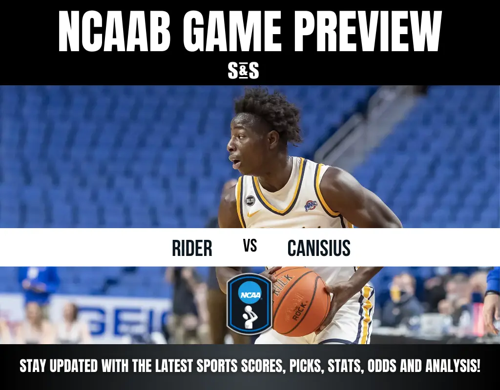 NCAA men's basketball game preview featuring Rider vs. Canisius, with a player dribbling a basketball on the court.