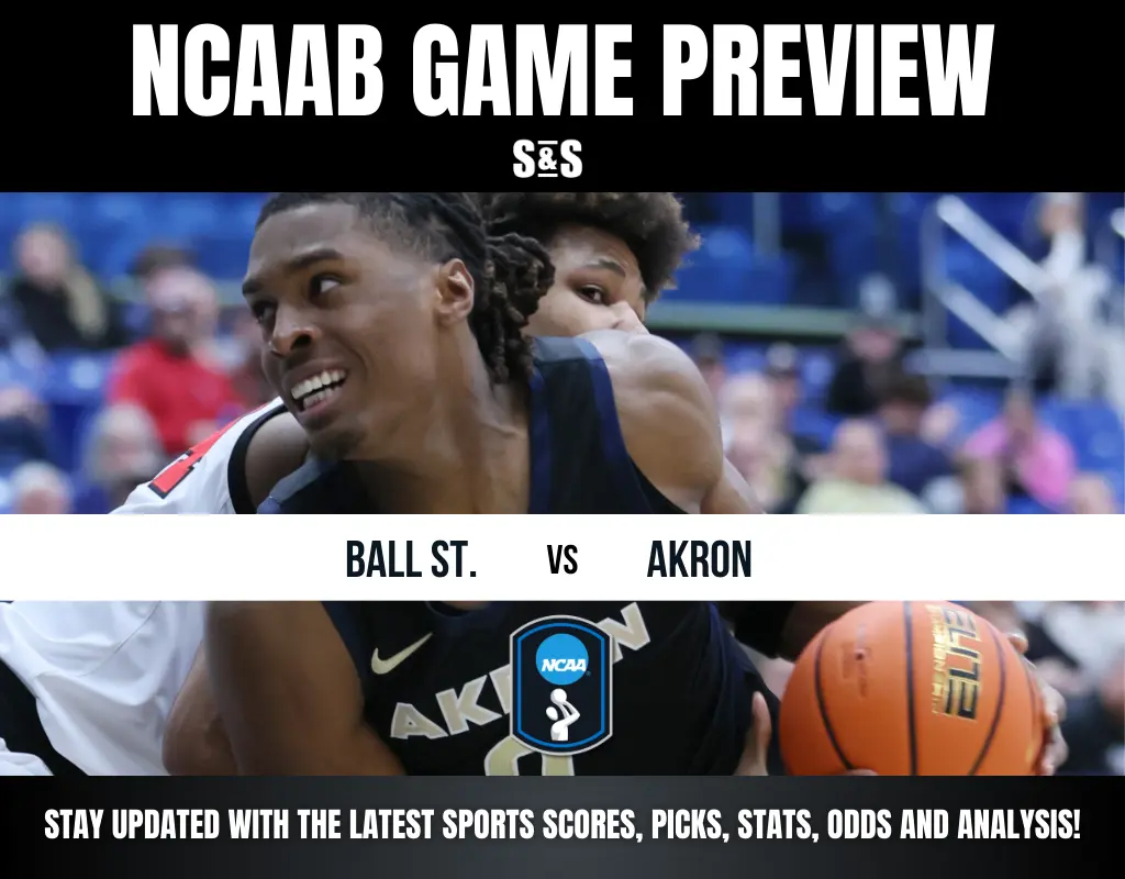 Basketball players in action during a college game, focusing on Akron player holding the ball. Text: NCAAB Game Preview - Ball St. vs Akron.