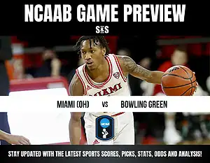 NCAAB game preview image showing a basketball player from Miami (OH) dribbling, facing Bowling Green. Text overlay includes sports analysis details.
