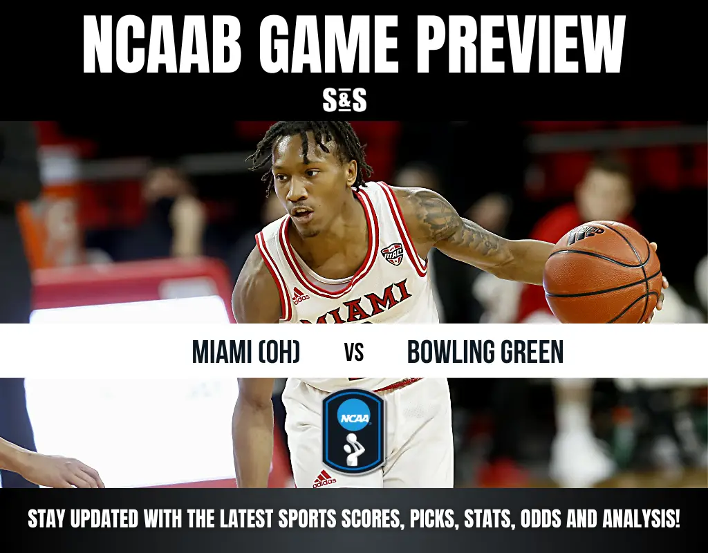 NCAAB game preview image showing a basketball player from Miami (OH) dribbling, facing Bowling Green. Text overlay includes sports analysis details.