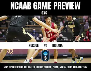Basketball players from Purdue and Indiana mid-game, with intense focus. Text reads "NCAAB Game Preview" and "Stay updated with sports scores and analysis."