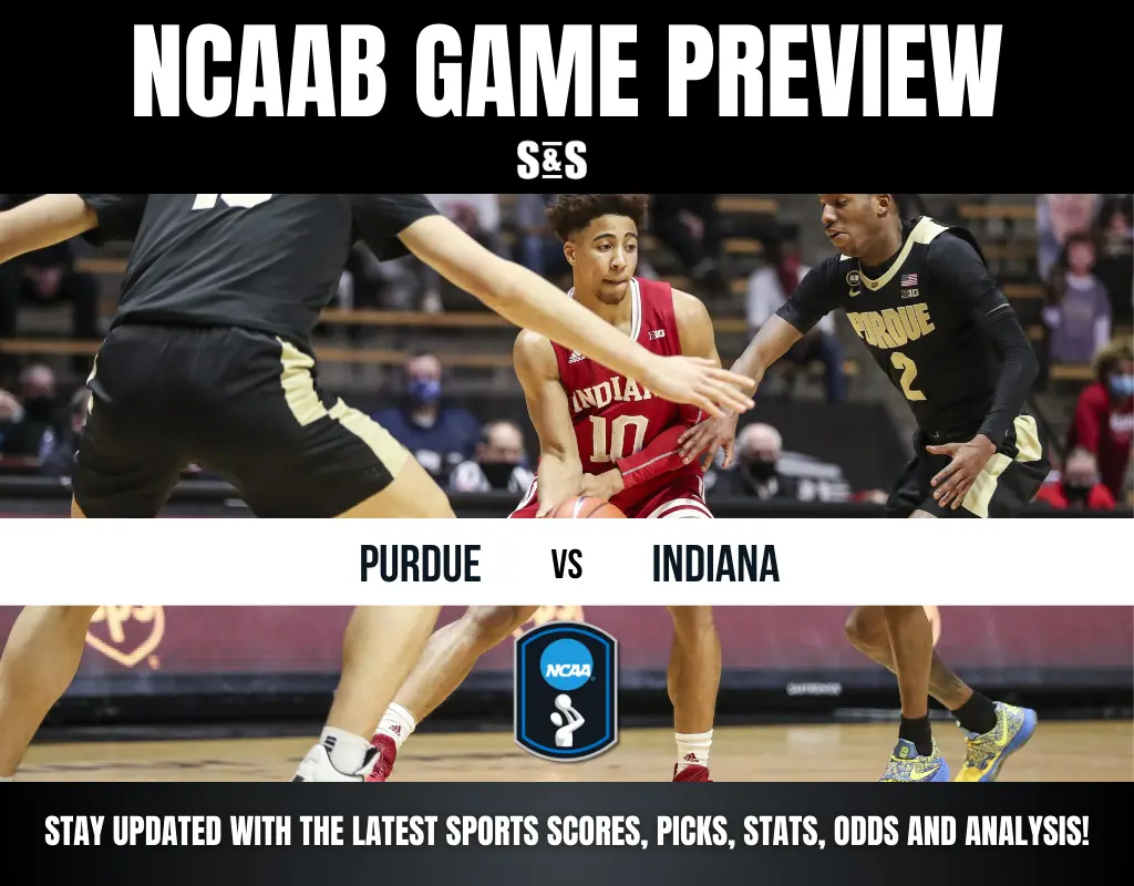 Basketball players from Purdue and Indiana mid-game, with intense focus. Text reads "NCAAB Game Preview" and "Stay updated with sports scores and analysis."