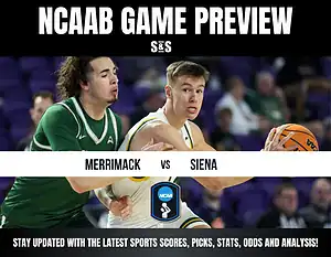 Basketball players from Merrimack and Siena teams in action. Merrimack player defends, Siena player dribbles. NCAAB Game Preview text overlay.