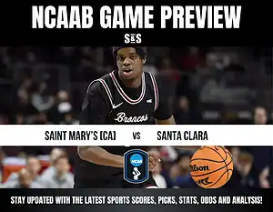 A basketball player in a black jersey with "Broncos" text dribbles a ball, promoting the upcoming game between Saint Mary's and Santa Clara.