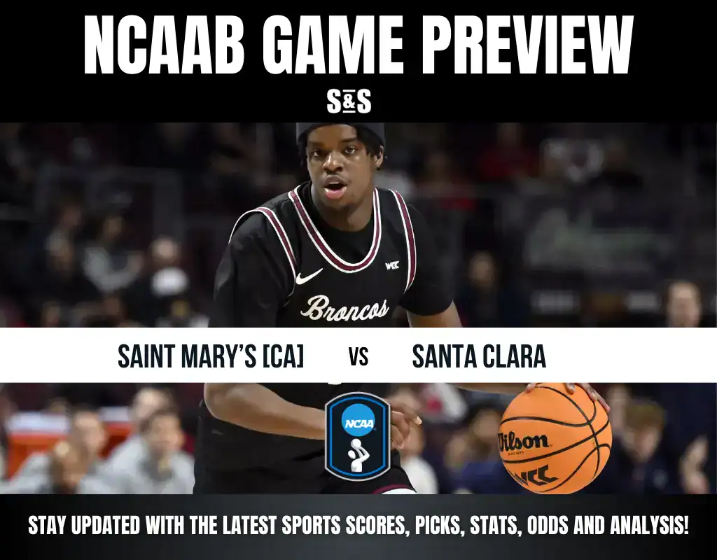 A basketball player in a black jersey with "Broncos" text dribbles a ball, promoting the upcoming game between Saint Mary's and Santa Clara.