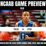 NCAAB game preview featuring Tulsa vs UTSA. A basketball player in a blue jersey holds a ball mid-action, with red stadium seats in the background.