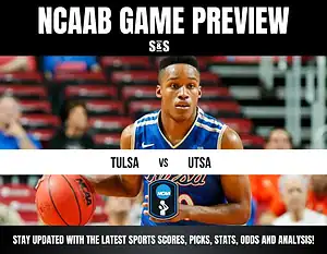 NCAAB game preview featuring Tulsa vs UTSA. A basketball player in a blue jersey holds a ball mid-action, with red stadium seats in the background.
