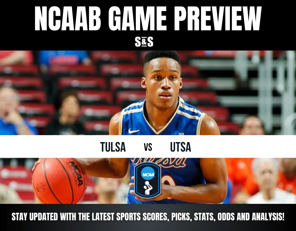 NCAAB game preview featuring Tulsa vs UTSA. A basketball player in a blue jersey holds a ball mid-action, with red stadium seats in the background.