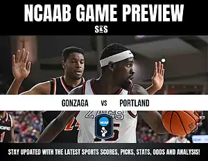 NCAAB Game Preview showing Gonzaga vs Portland. A basketball player in action holding the ball, conveying intensity and focus. Text details latest sports updates.