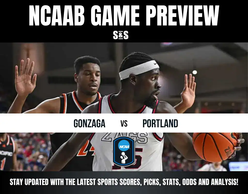 NCAAB Game Preview showing Gonzaga vs Portland. A basketball player in action holding the ball, conveying intensity and focus. Text details latest sports updates.