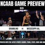 Basketball game preview featuring a Grambling player in black jersey. Referee signals beside him. Text: "Grambling vs Mississippi Val." Promote scores and analysis.