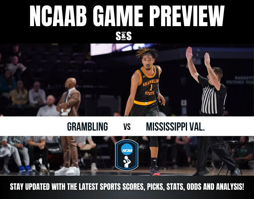 Basketball game preview featuring a Grambling player in black jersey. Referee signals beside him. Text: "Grambling vs Mississippi Val." Promote scores and analysis.