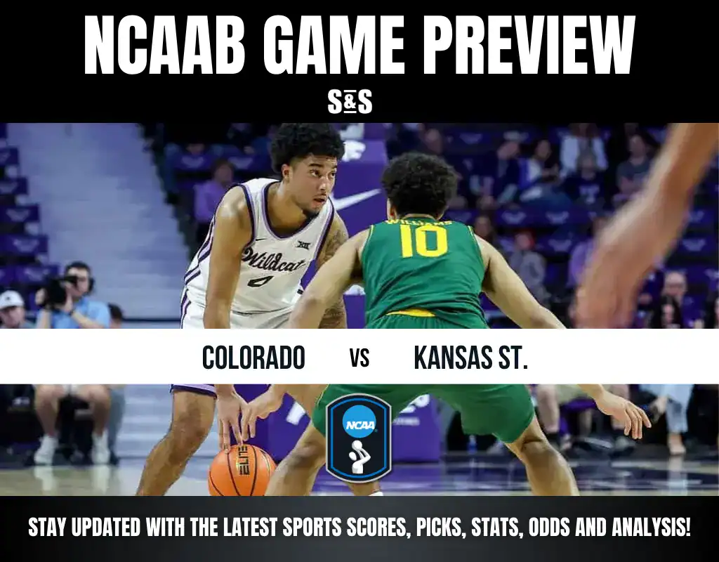 Basketball game preview with a player in a white "Wildcats" jersey facing off against a player in a green jersey. Text reads "NCAAB Game Preview: Colorado vs Kansas State."