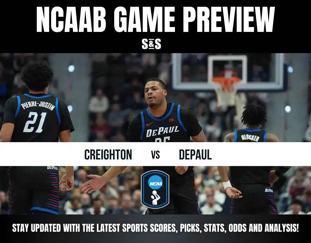 NCAAB game preview graphic featuring Creighton vs. DePaul. DePaul player in the center with a basketball hoop in the background. Text below offers sports updates and analysis.