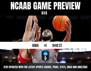 NCAAB game preview featuring Iowa vs. Ohio State. A player jumps with a basketball against an opponent's defense. Energetic and competitive tone.