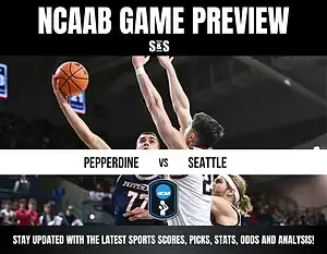 NCAAB game preview with players from Pepperdine and Seattle in action. Text highlights matchup details and a call to stay updated with scores and analysis.