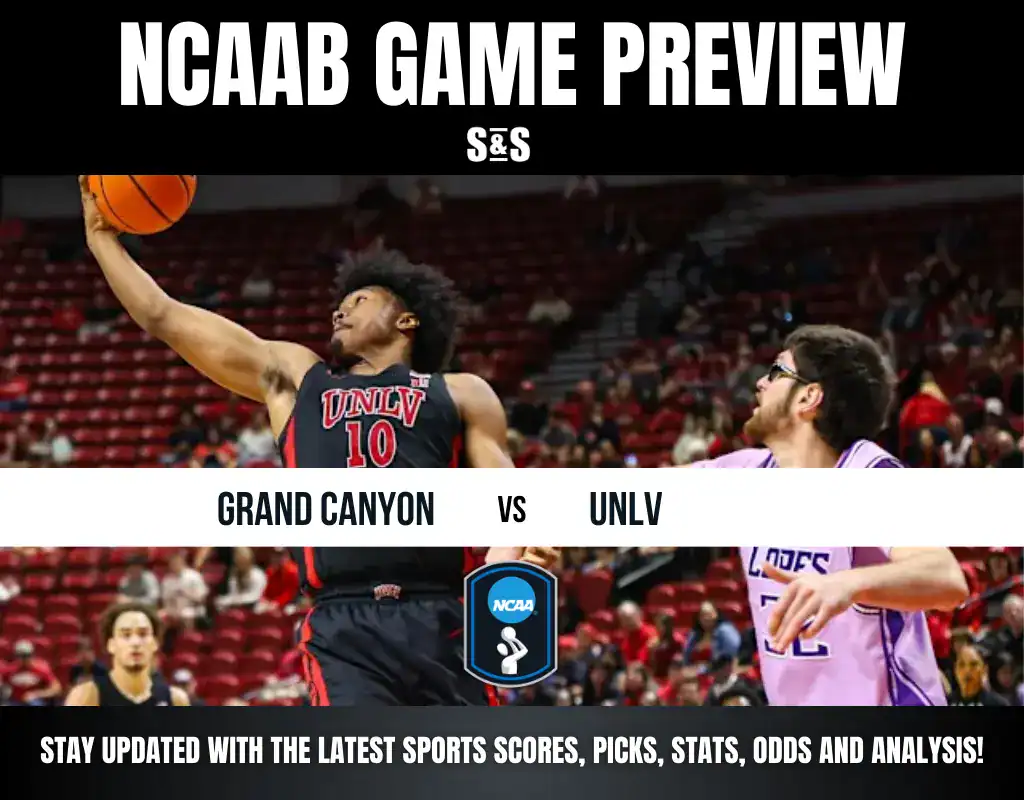 Basketball player in UNLV jersey leaps for a layup against a Grand Canyon defender. Text overlay reads "NCAAB Game Preview: Grand Canyon vs UNLV.