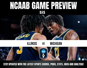 NCAA basketball preview featuring players from Illinois and Michigan. The matchup highlights scores, picks, stats, and analysis.