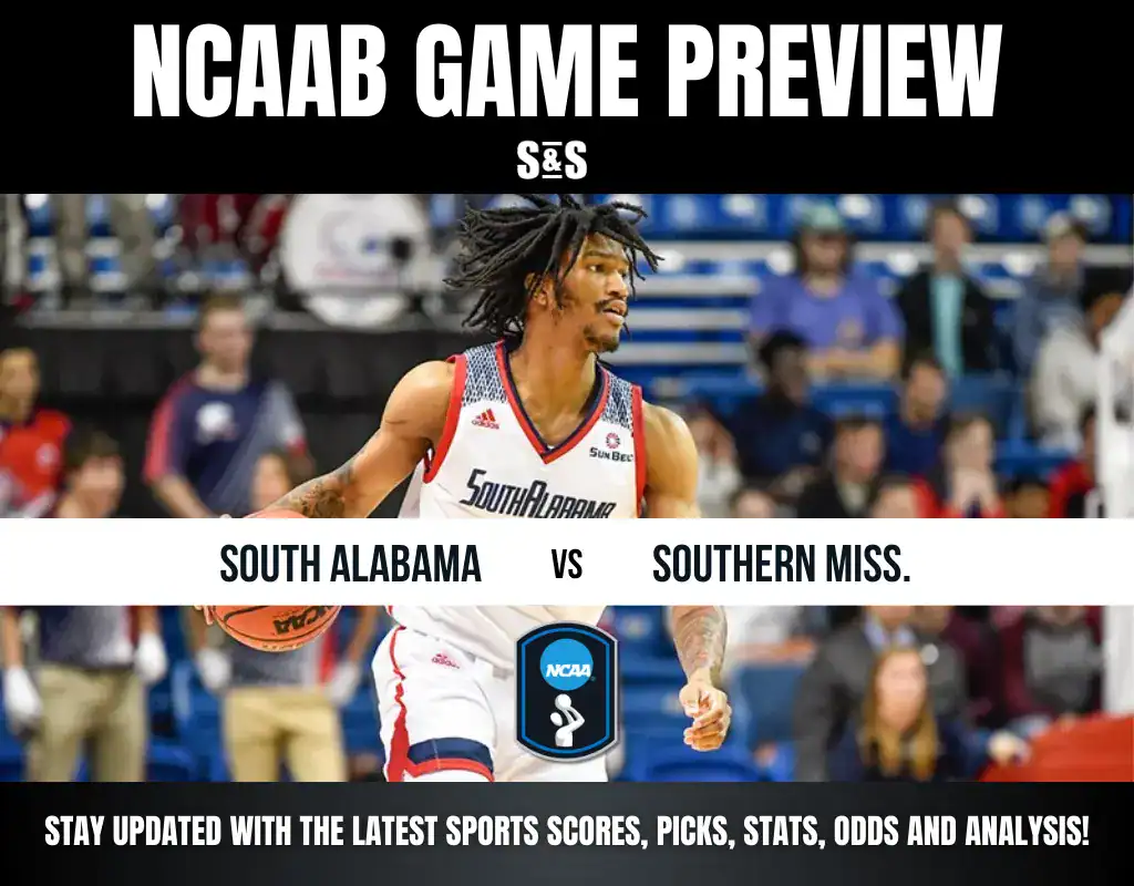 NCAA basketball game preview featuring South Alabama vs. Southern Miss, with visuals of a player in action on the court.
