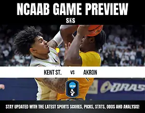 NCAAB game preview graphic featuring Kent State vs. Akron, with a dynamic action shot of players competing on the court.