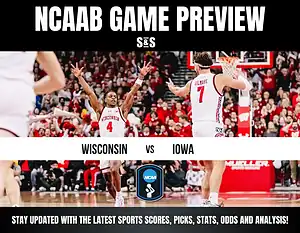 NCAAB game preview image showing Wisconsin and Iowa basketball players on a court. The text highlights the matchup and offers updates on scores and stats.