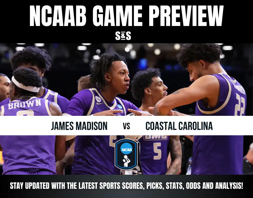 NCAAB game preview featuring James Madison vs. Coastal Carolina, with players in purple jerseys on the court.