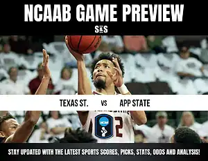 NCAA basketball game preview between Texas State and App State, featuring action shots and promotional text for updates and analysis.