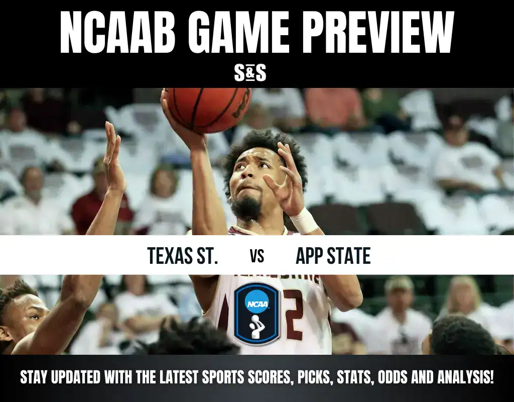 NCAA basketball game preview between Texas State and App State, featuring action shots and promotional text for updates and analysis.