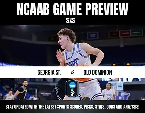 NCAA basketball game preview featuring Georgia State vs. Old Dominion, showcasing a player in action with a basketball.