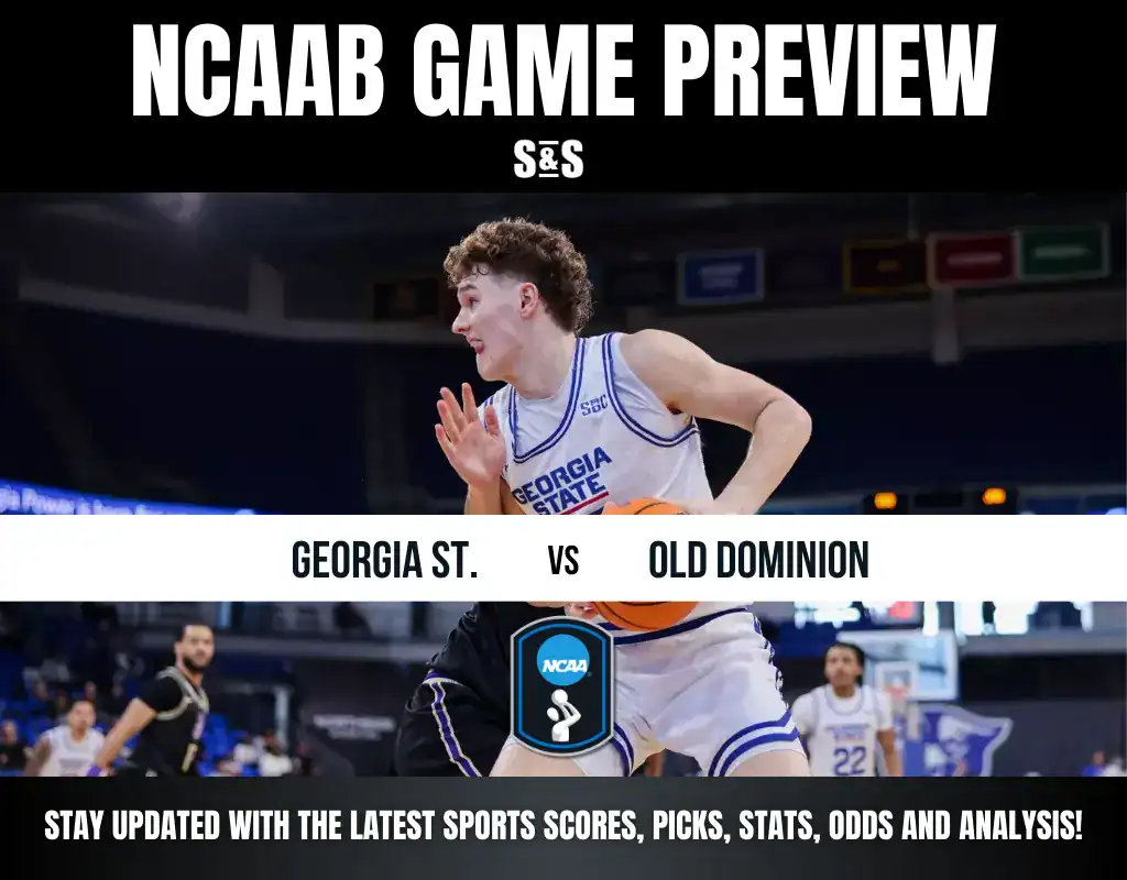 NCAA basketball game preview featuring Georgia State vs. Old Dominion, showcasing a player in action with a basketball.