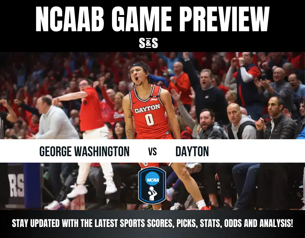 NCAAB game preview graphic featuring a matchup between George Washington and Dayton, with an emphasis on staying updated with the latest sports scores, picks, stats, odds, and analysis.
