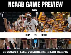 NCAAB game preview featuring Iona vs Rider, with a player in action and a crowd in the background.