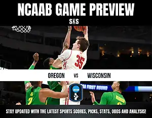 NCAA basketball game preview featuring Oregon vs. Wisconsin, showcasing intense action on the court with players competing for the ball.