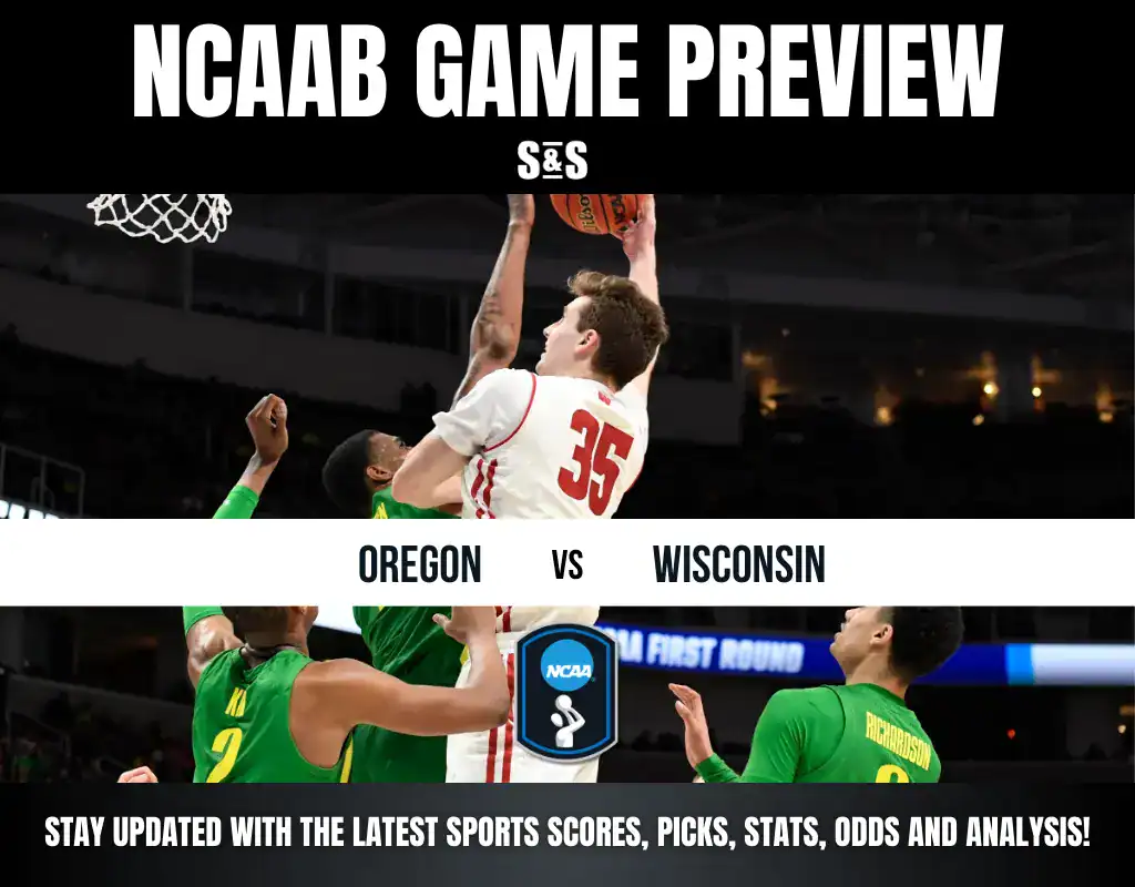 NCAA basketball game preview featuring Oregon vs. Wisconsin, showcasing intense action on the court with players competing for the ball.