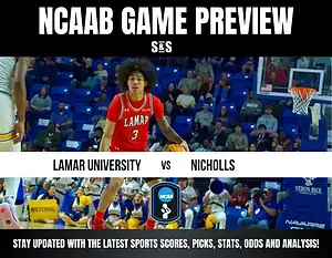 Lamar University basketball player dribbles on the court against Nicholls, with fans and cheerleaders in the background.