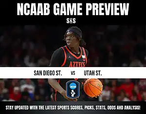 NCAA basketball game preview featuring San Diego State vs. Utah State, with a player in action and a basketball in hand.